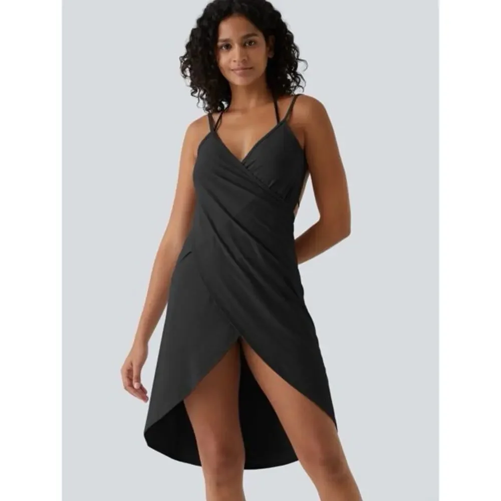Halara Spaghetti Strap Crossover Cover Up Wrap InstantCool Dress-UPF50+ black